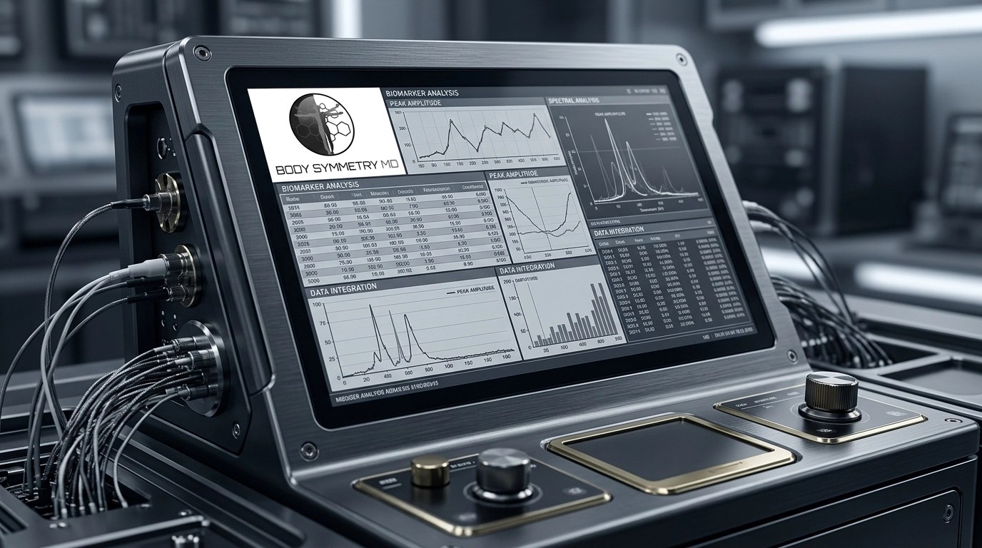 Macro photo of medical lab equipment with biomarker data, highlighting forensic performance auditing.