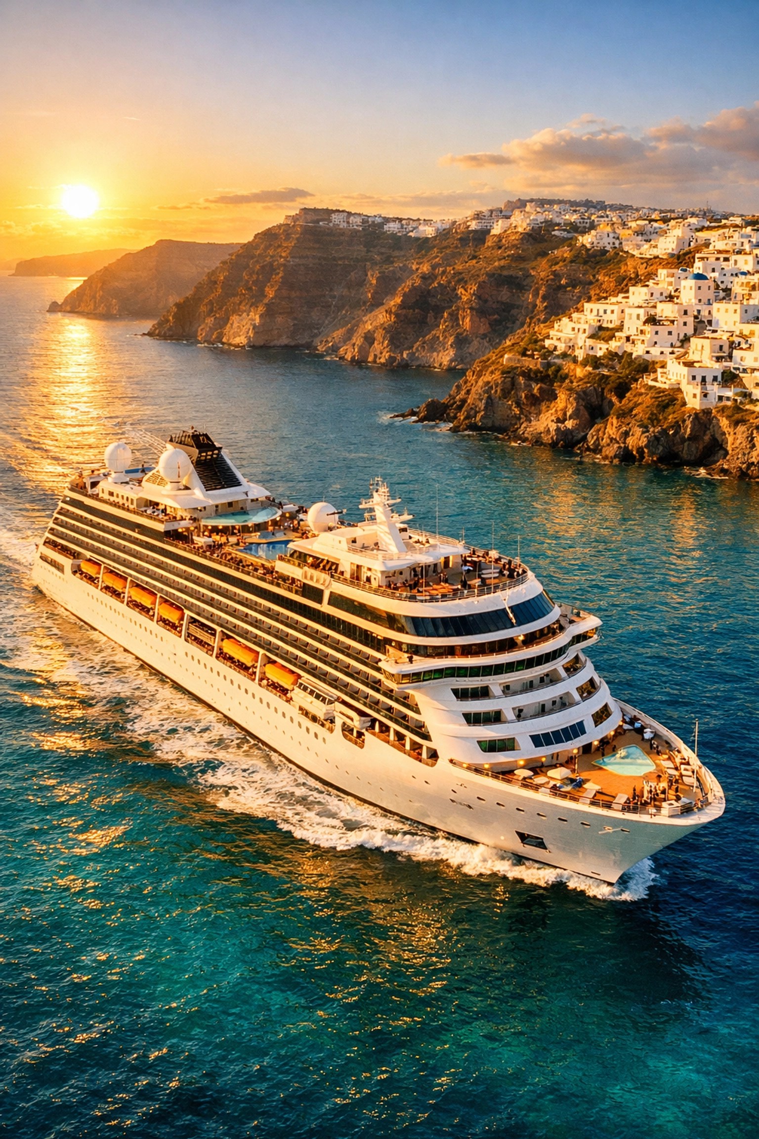 Luxury cruise ship sailing through turquoise Mediterranean waters near Greek island coastline