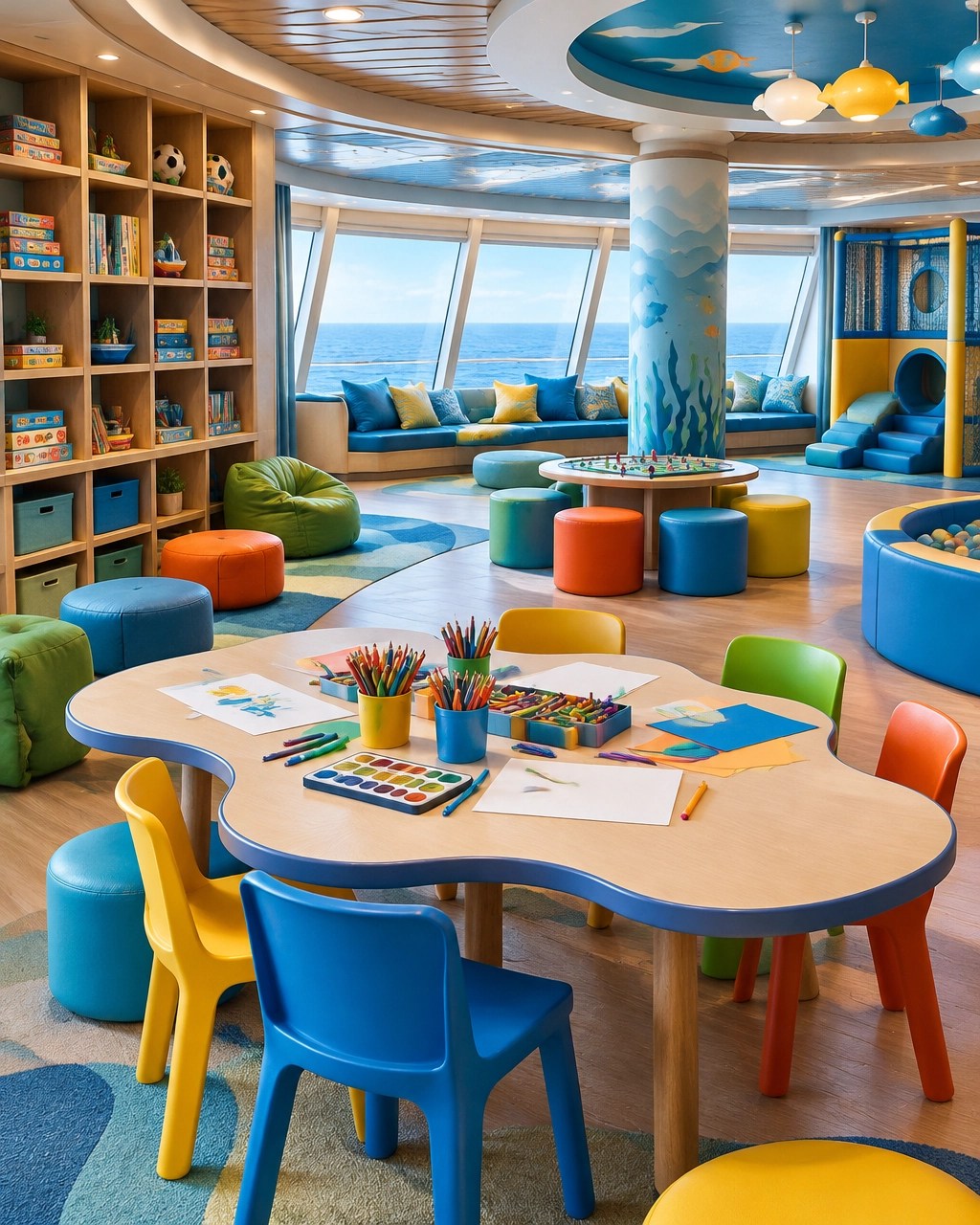 Bright, colorful cruise ship kids’ club activity room with games and art tables