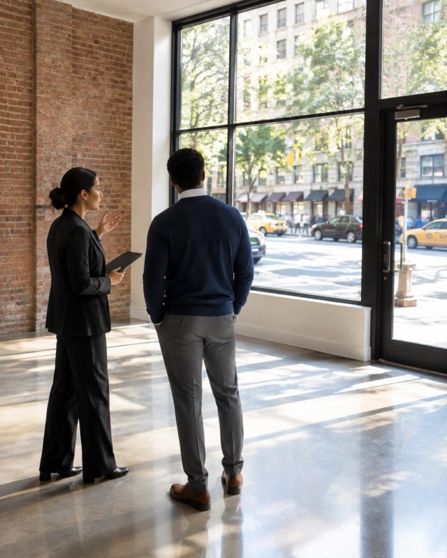 A neighborhood business owner and leasing agent review an available retail storefront
