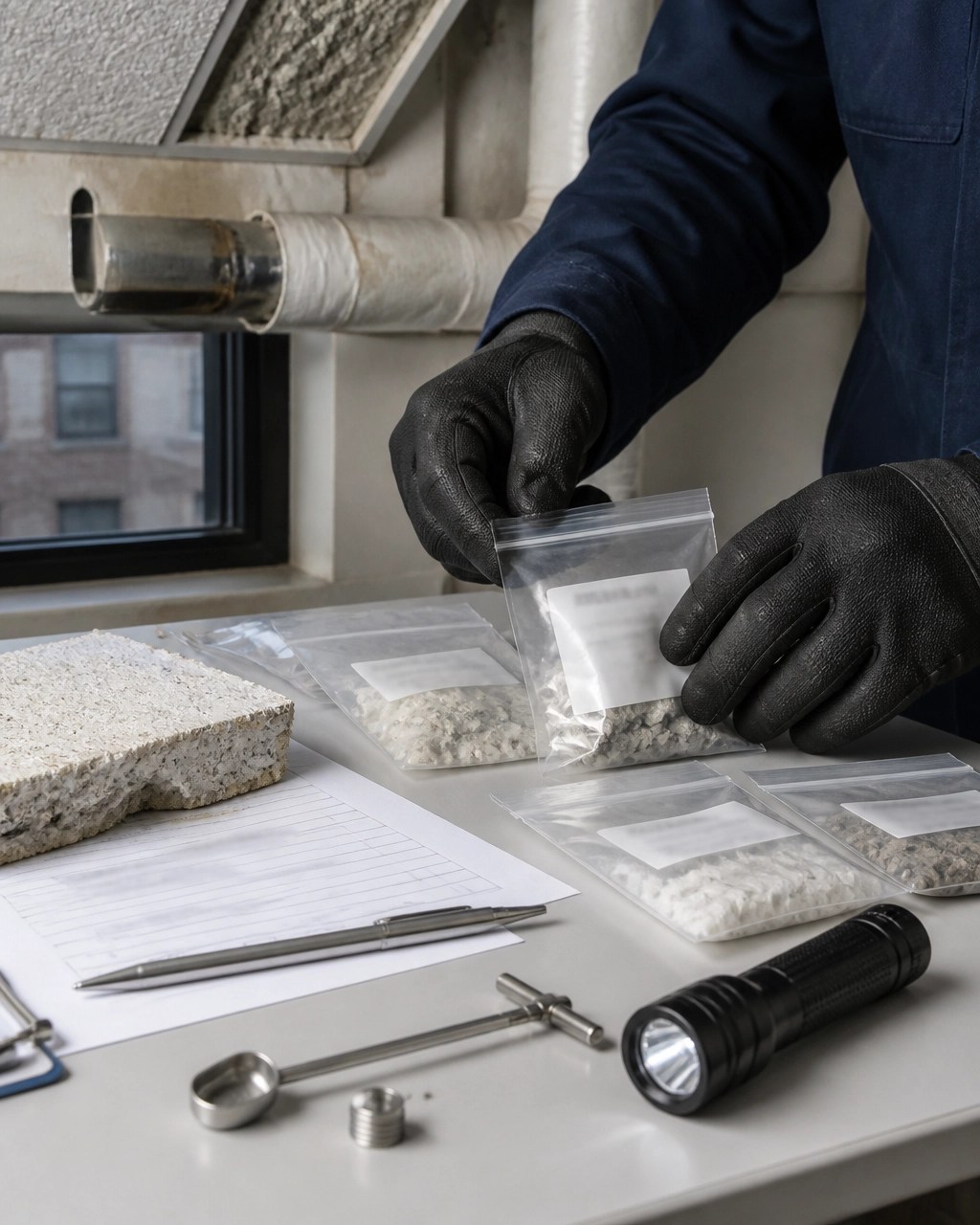 Bulk asbestos samples, inspection tools, and chain-of-custody materials prepared for laboratory analysis