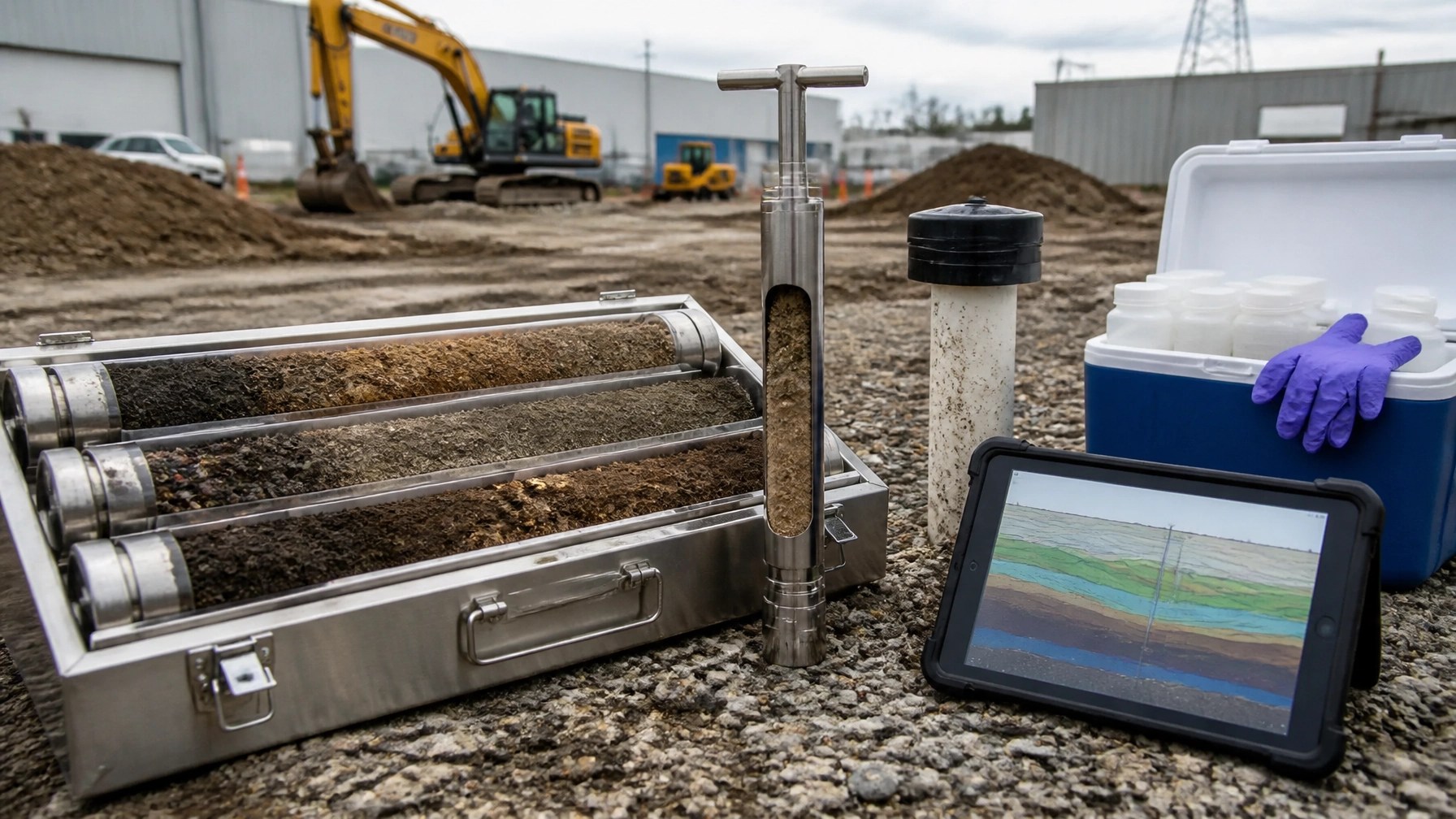 Soil core liners, groundwater well components, sampling bottles, and field documentation used during a New Jersey environmental investigation