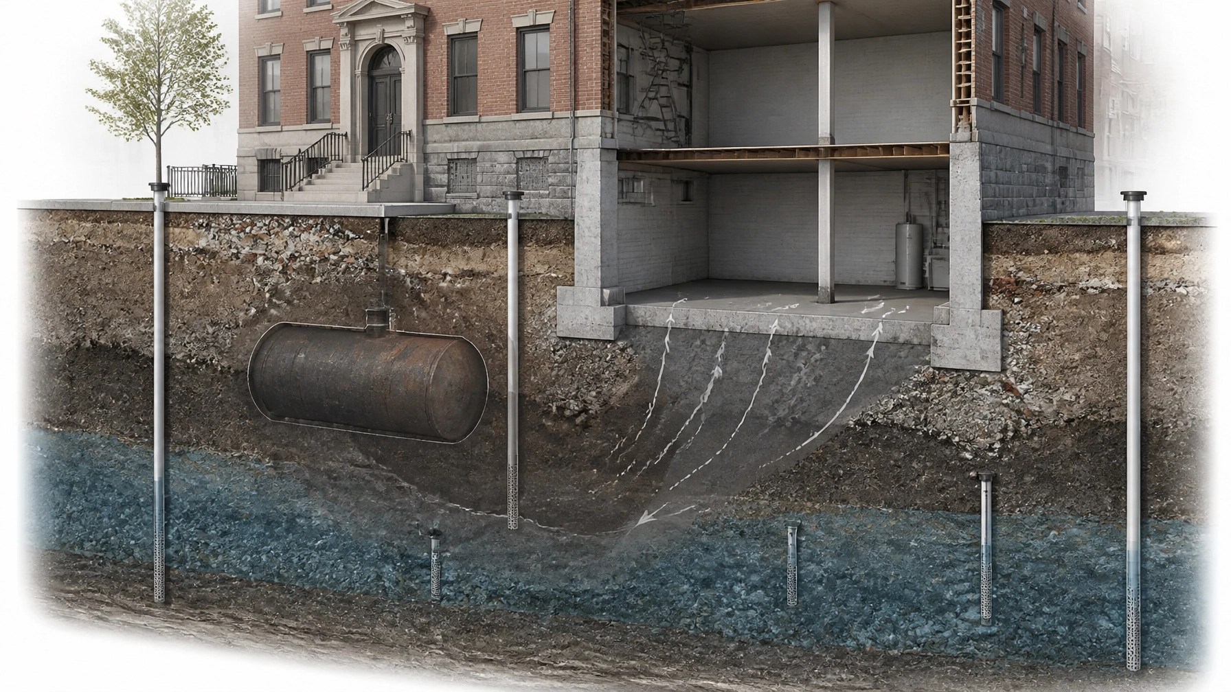 Technical cutaway showing a multifamily foundation, historic fill, groundwater, UST history, and a vapor intrusion pathway