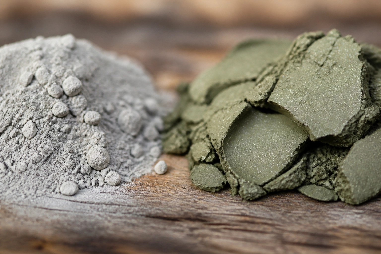 Comparison showing the rich mineral texture of French green clay versus grey bentonite.