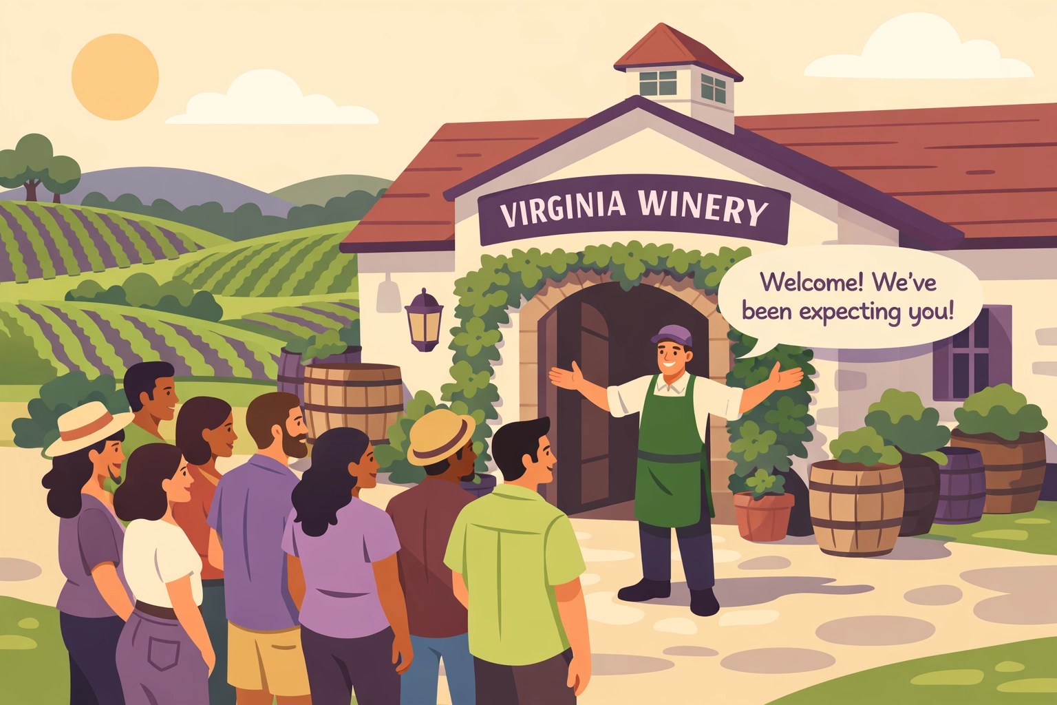 Group arriving at Virginia winery with reservations for private wine tasting experience