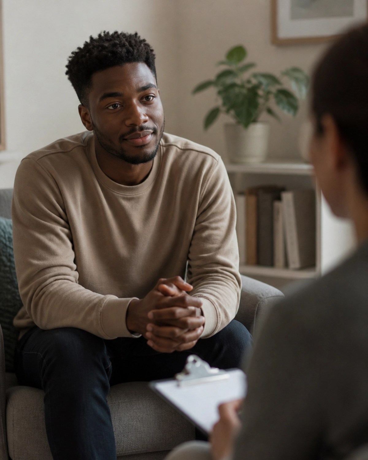 A young Black man in a therapy session, looking reflective and understood in a calm, safe environment.