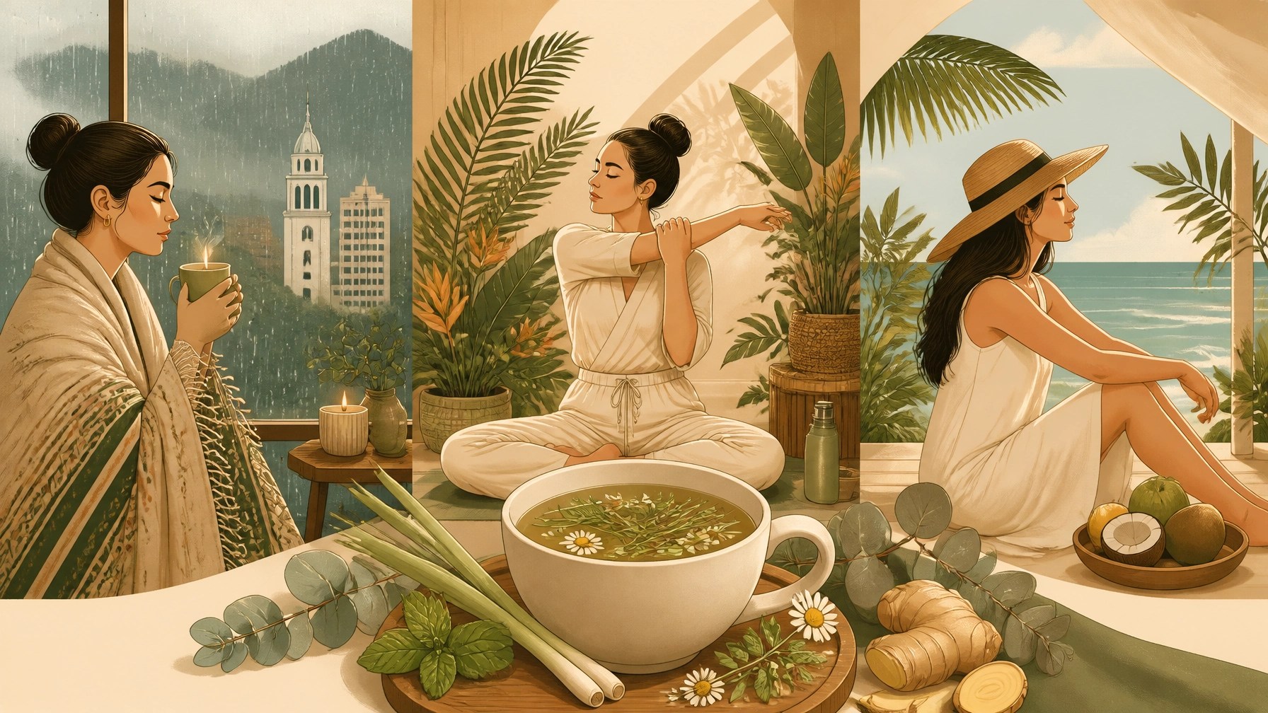 Ilustración de rutinas ayurvédicas adaptadas a Bogotá, Cali y la costa Caribe durante la temporada de lluvias