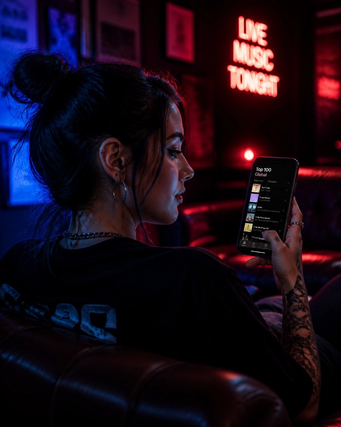 Medium portrait of a music fan looking at a smartphone displaying music charts