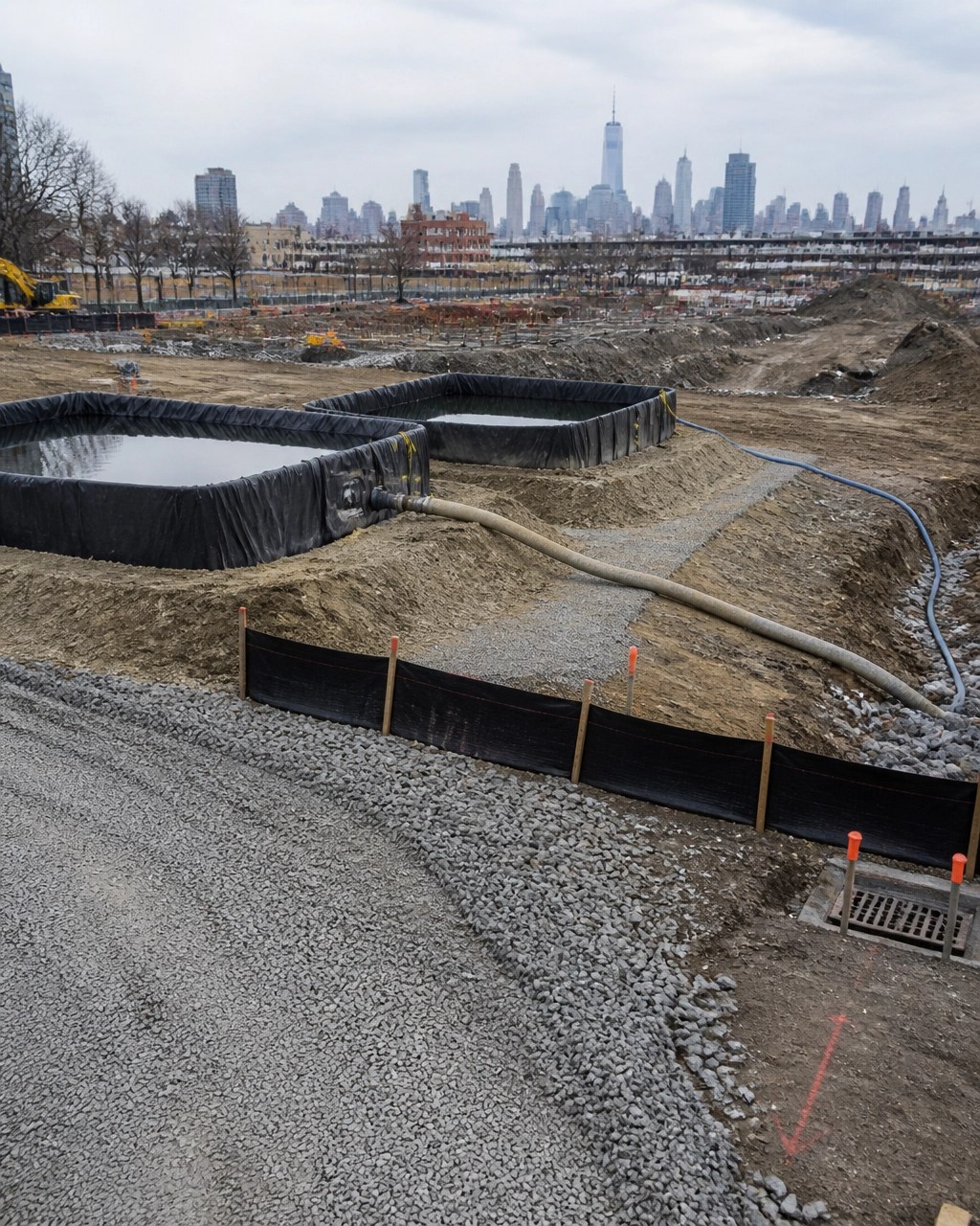 Temporary storage tanks, bermed containment, silt fencing, and stabilized access controls at an urban excavation