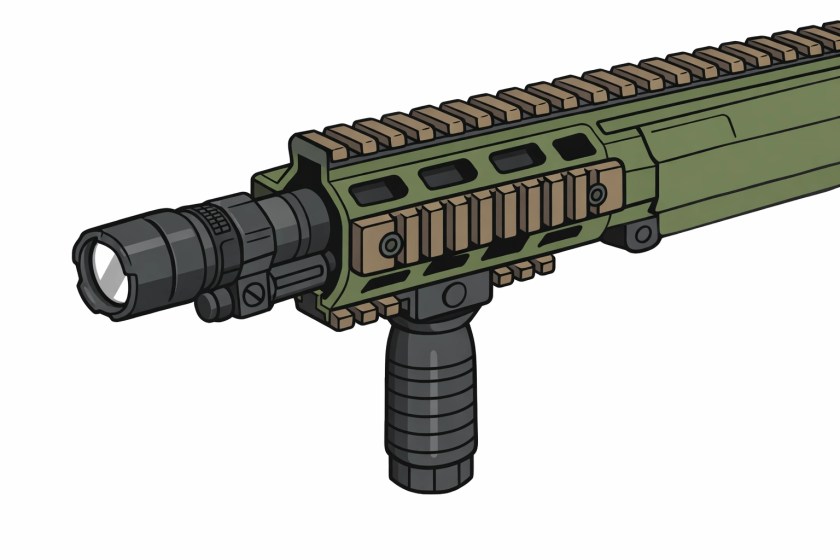 Quad rail handguard system with Picatinny rails, tactical light, and vertical grip mounted