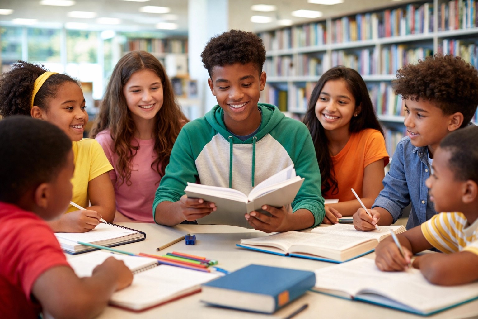 Diverse group of children and teens sharing stories in a library, illustrating the value of supporting young writers