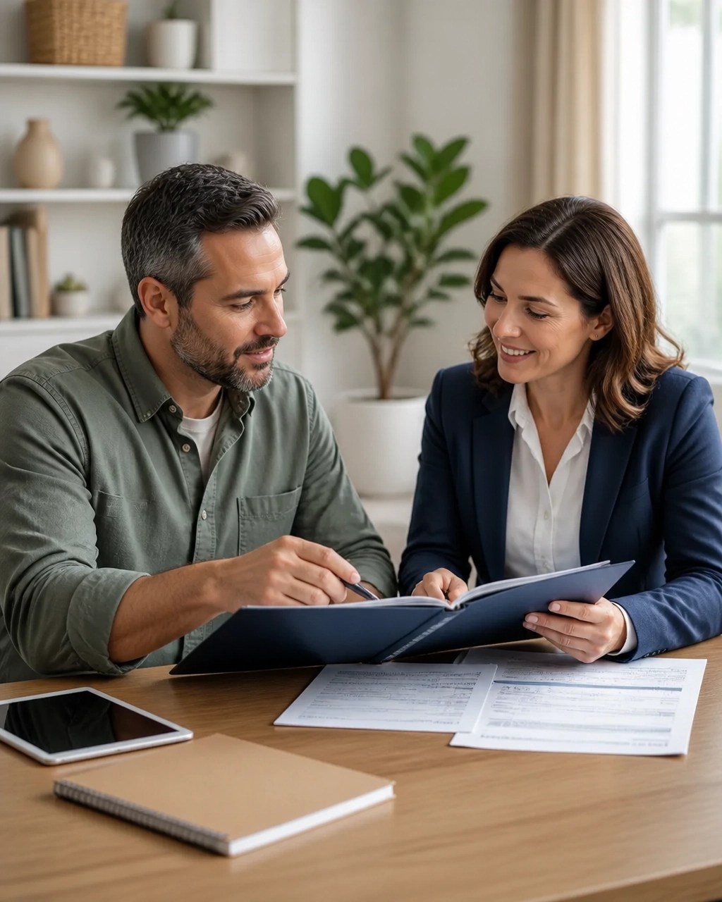 Self-employed borrower meeting with a mortgage professional to review loan documents