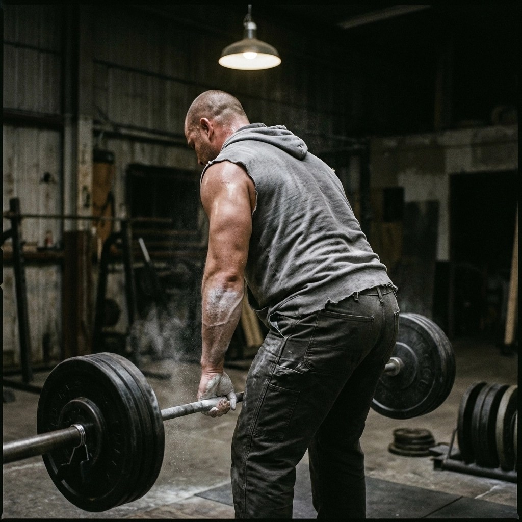 Muscular athlete performing a heavy barbell row, highlighting back thickness and muscle definition in the traps and erectors.