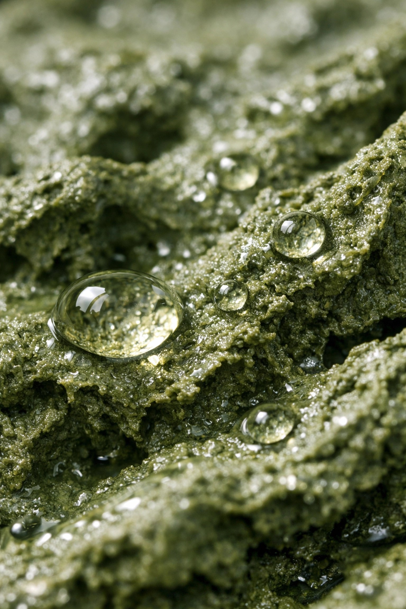 Macro view of green montmorillonite clay absorbing water to demonstrate its mineral detox properties.