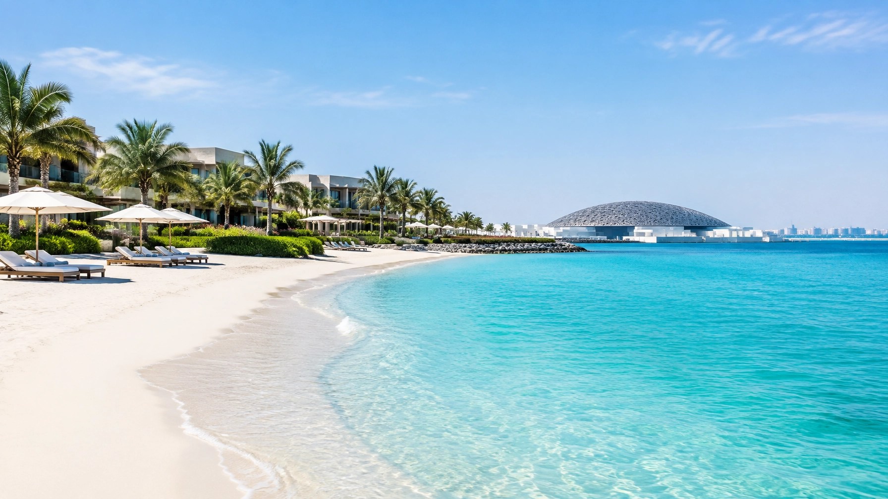 Serene Abu Dhabi winter beach with turquoise water, resort gardens and Louvre Abu Dhabi dome