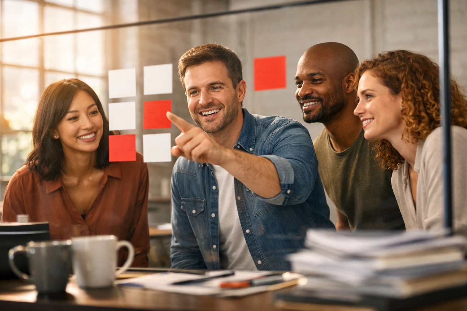 A team collaborating in a modern office, moving from operational chaos to a clear, proactive management plan.