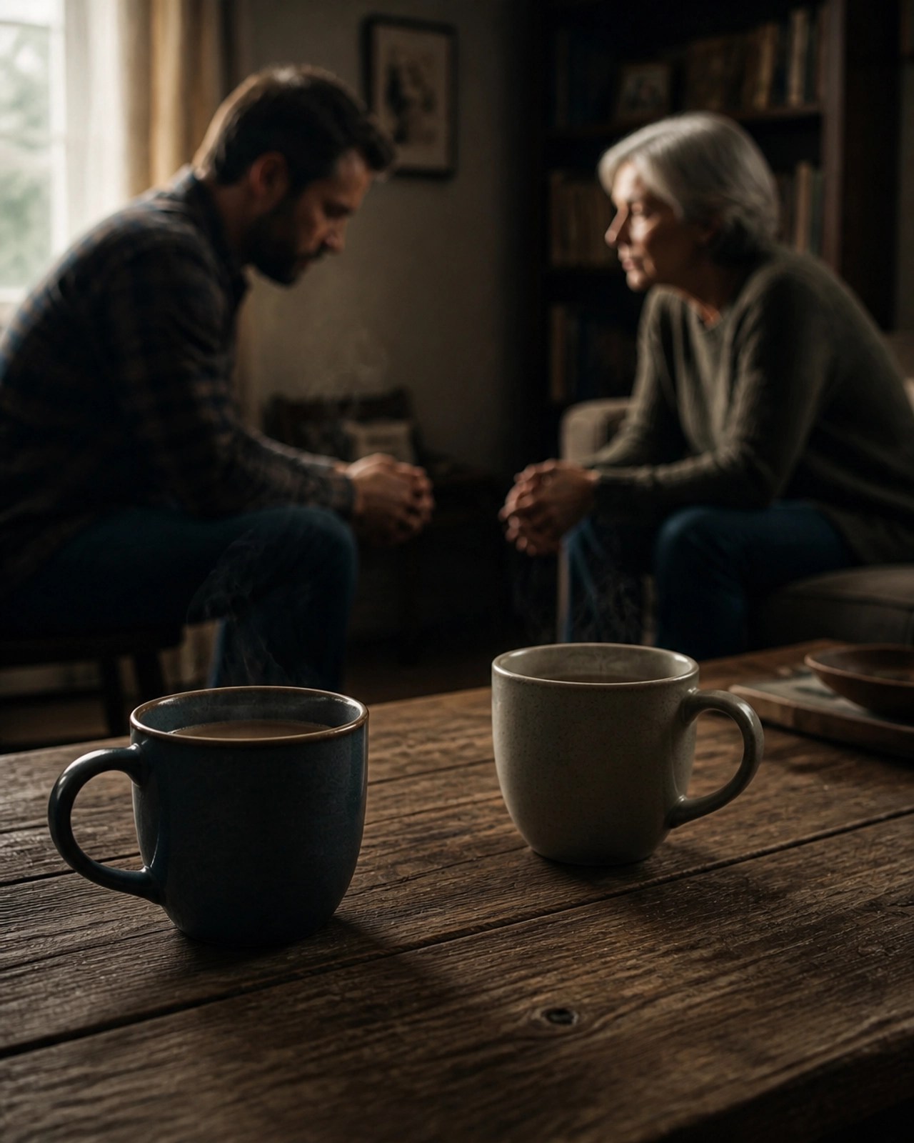 Two matte coffee mugs on a textured wooden table, symbolizing the quiet endurance of shared time.