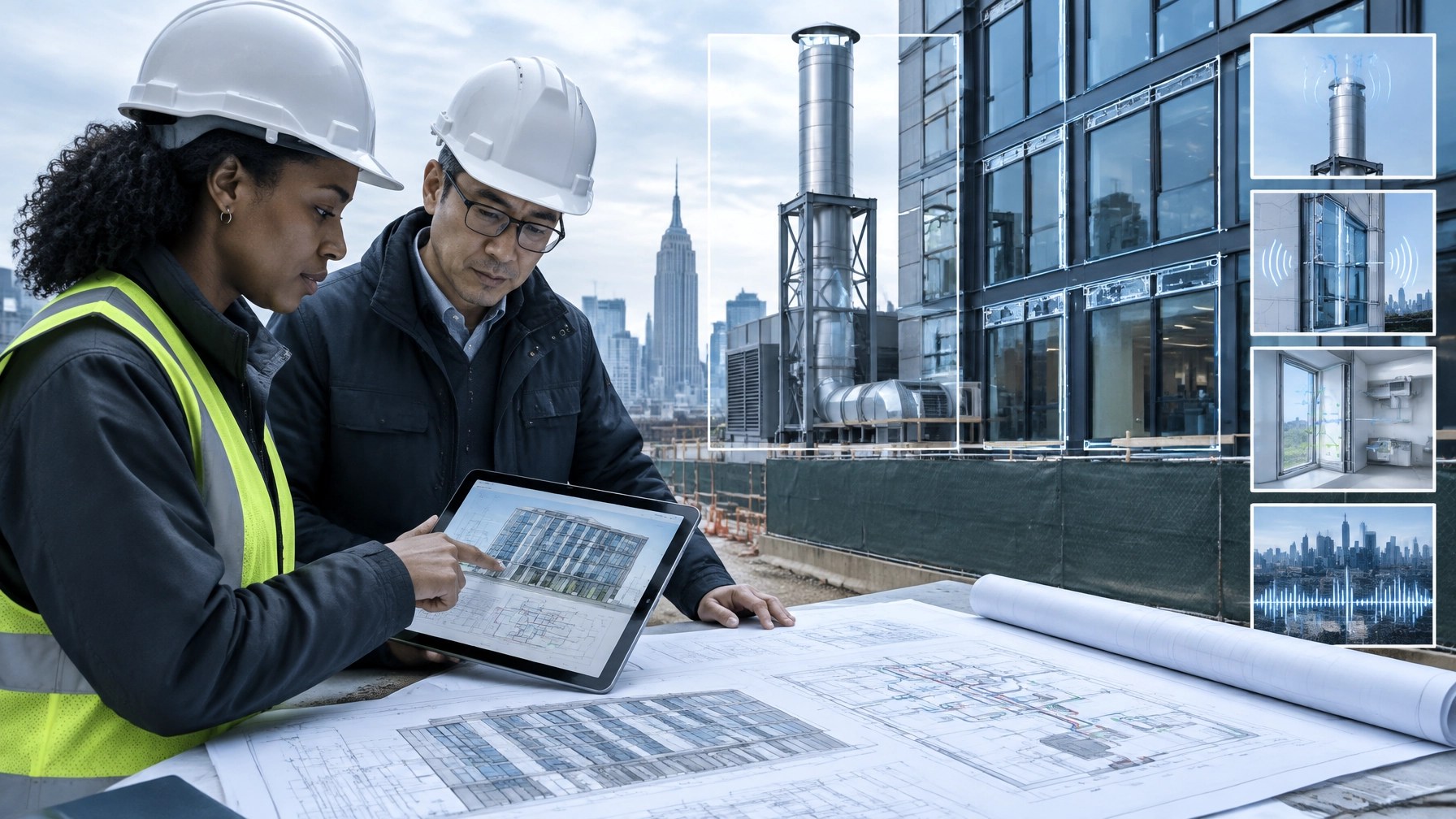 Engineer and architect reviewing NYC building facade, boiler stack, and mechanical design requirements for air and noise compliance