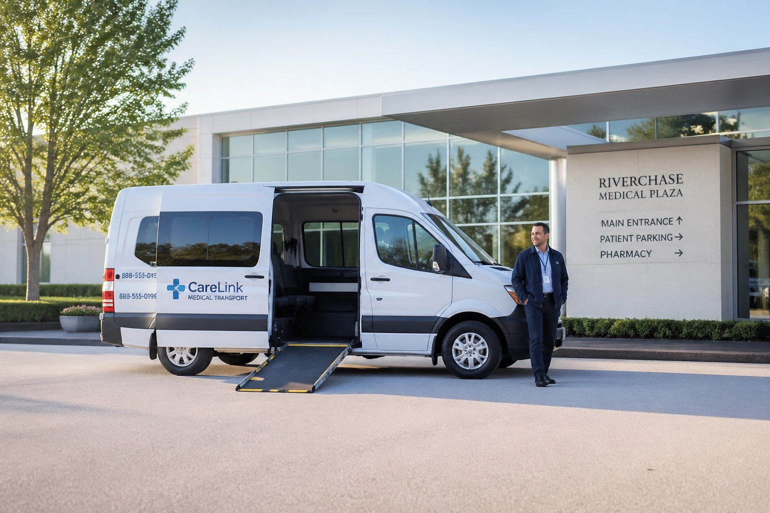 A white wheelchair-accessible NEMT van parked outside a modern medical clinic.
