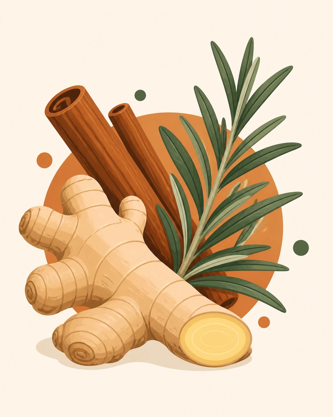 Ilustración minimalista de jengibre, romero y canela, plantas que estimulan el metabolismo y reducen la pesadez