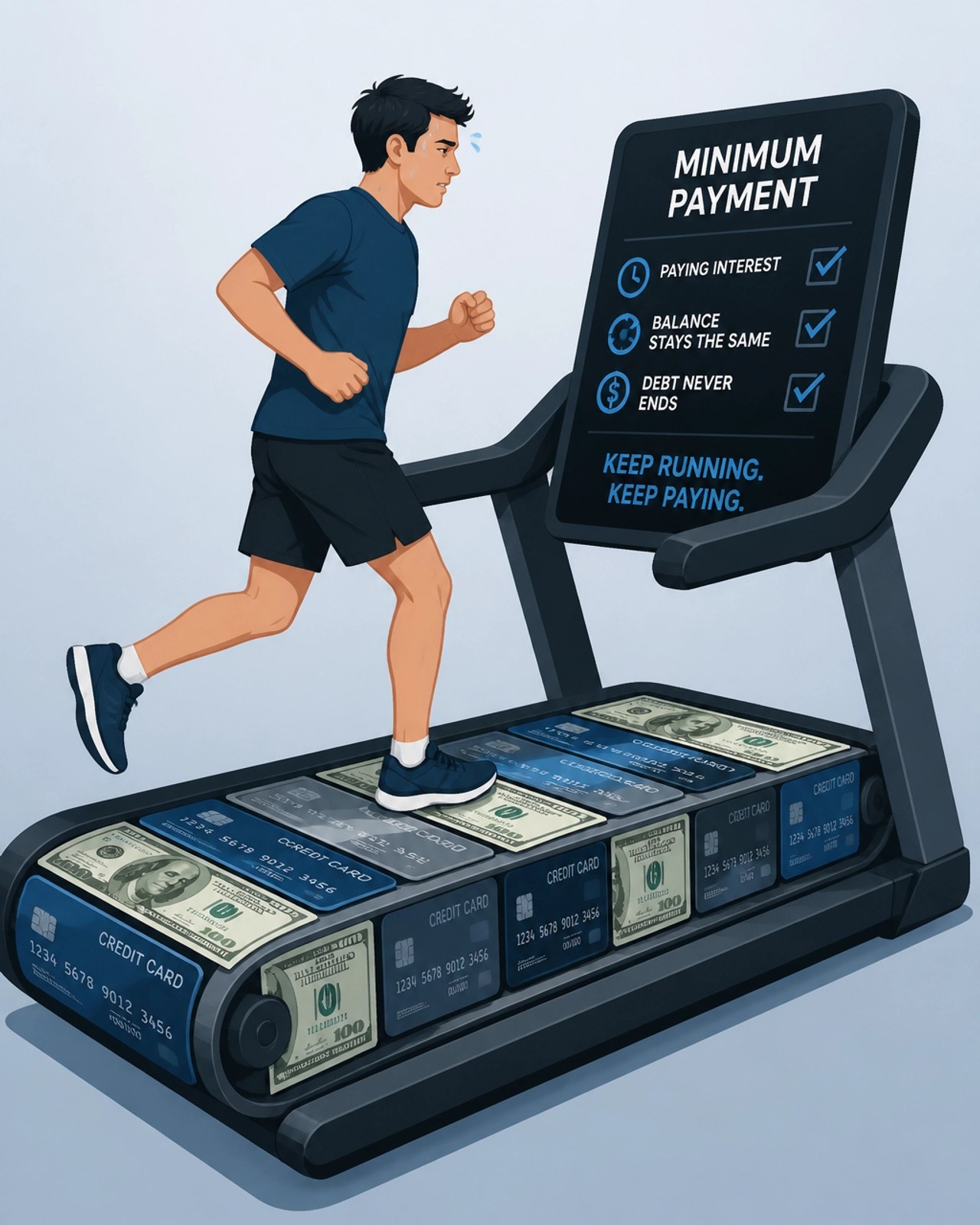 Illustration of the minimum payment treadmill where the belt is made of credit cards and bills.
