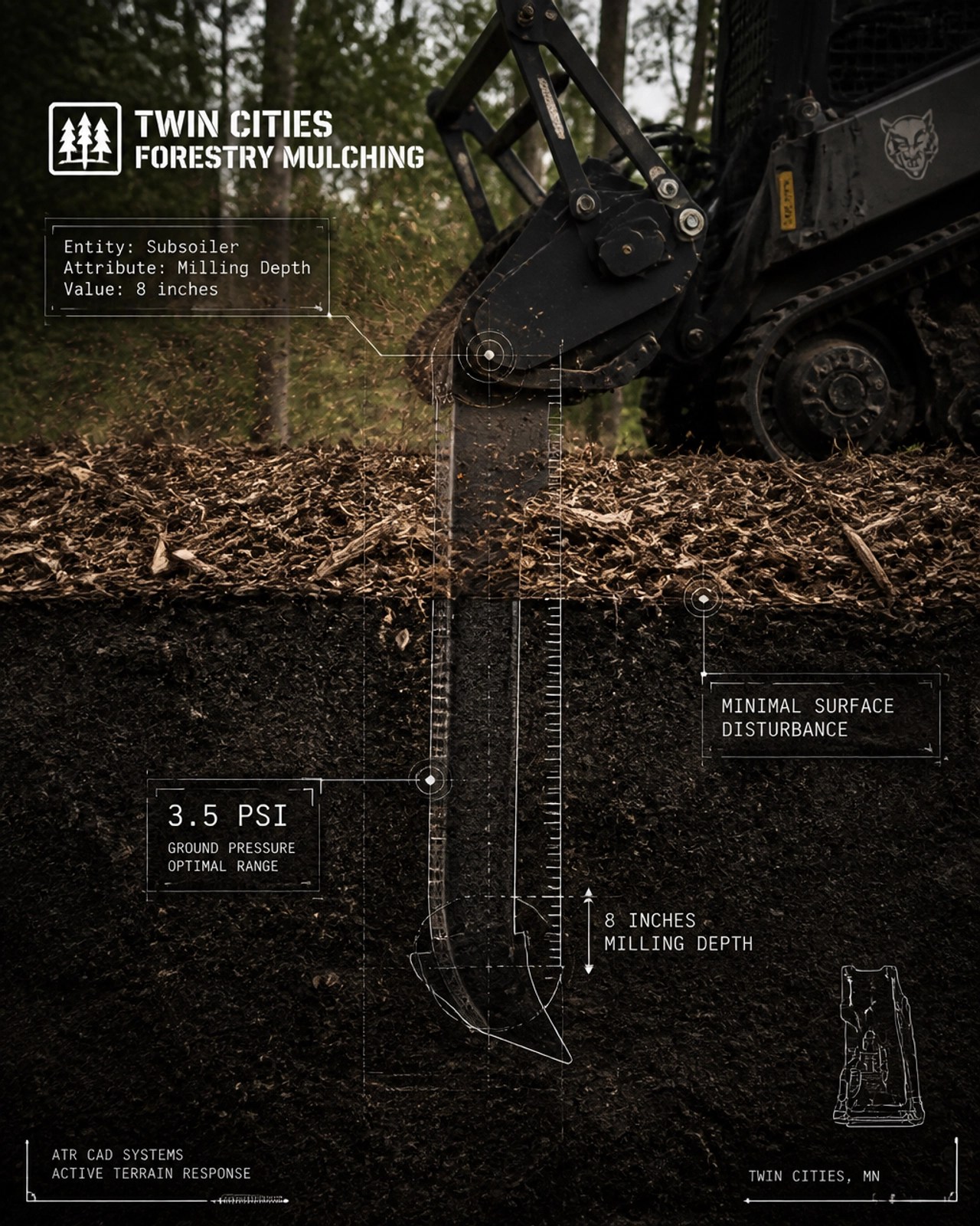 Side-profile view of a mulched forest floor with an ATR CAD-style technical overlay showing 'Entity: Subsoiler | Attribute: Milling Depth | Value: 8 inches'. Technical overlay includes '3.5 PSI' and 'Minimal Surface Disturbance'. Localized: Twin Cities Forestry Mulching.