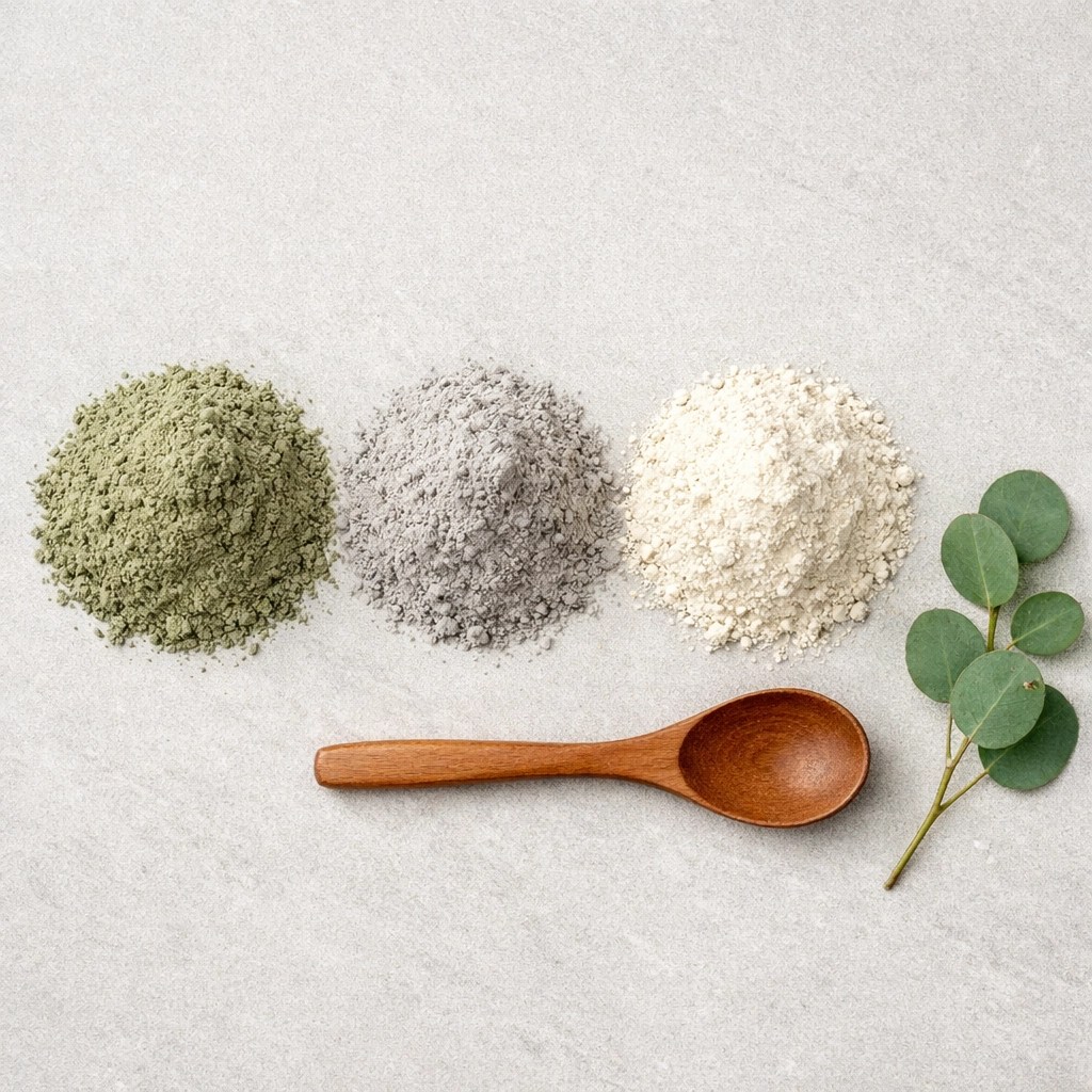 Varieties of food grade clay including green illite for natural healing and home detox protocols.