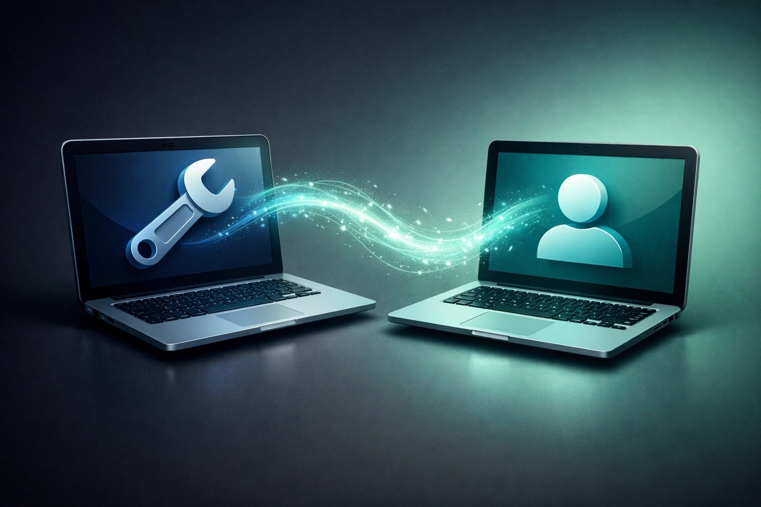 Two laptops connected remotely for IT troubleshooting and small business technical support.