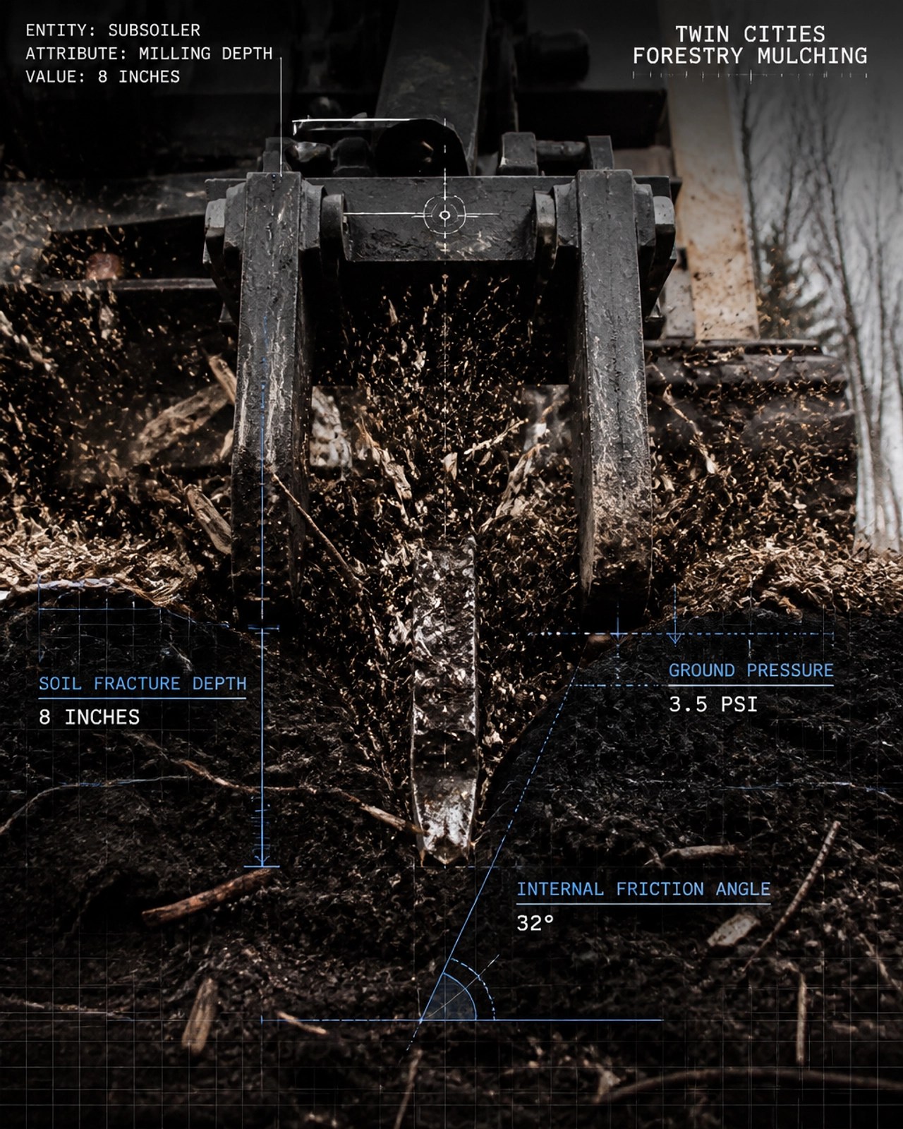 ATR Technical Reality: Subsoiler engaging Minnesota soil with CAD overlays showing 3.5 PSI and 8-inch fracture depth