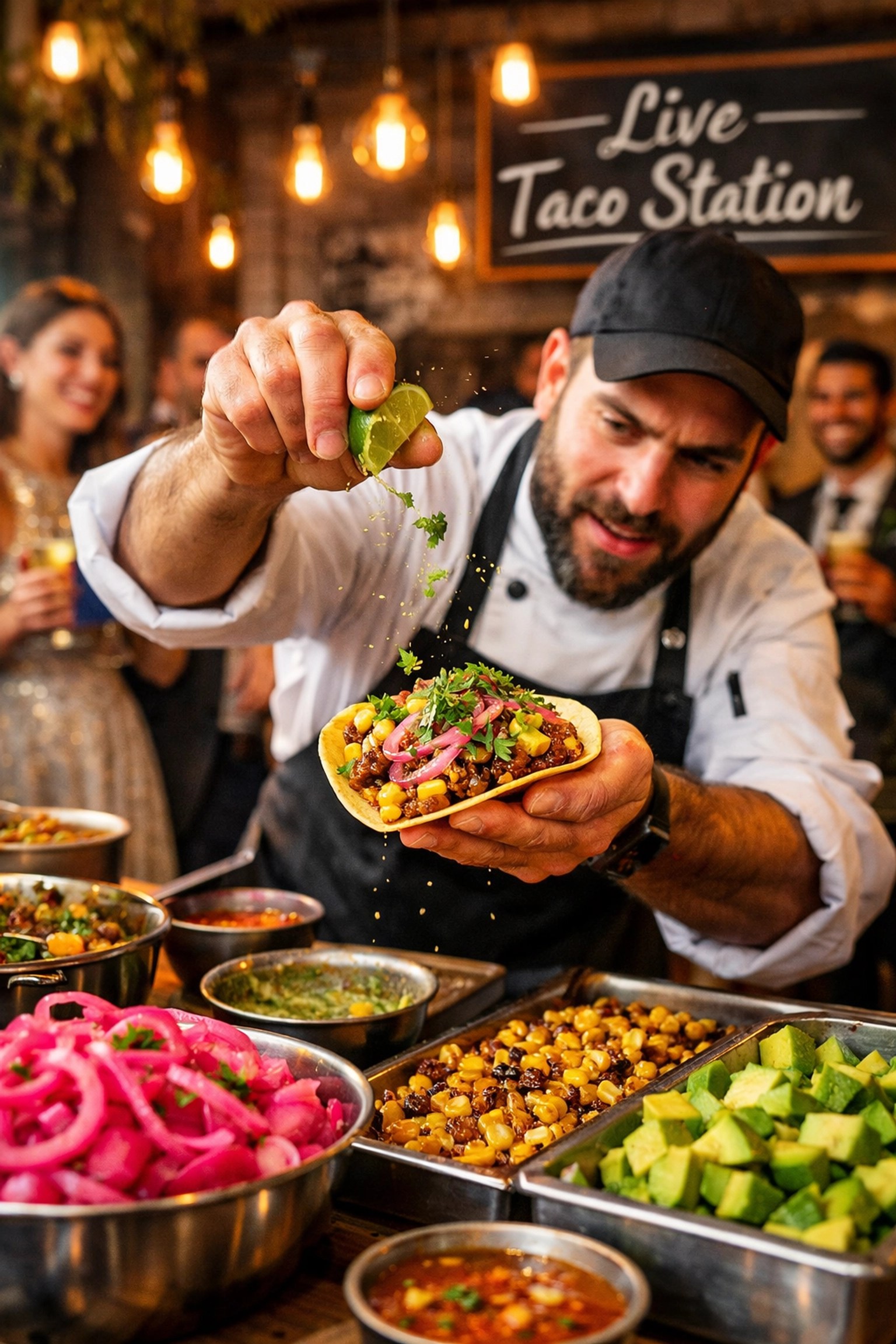 Chef preparing fresh tacos at an interactive live food station for a modern Kent wedding reception.