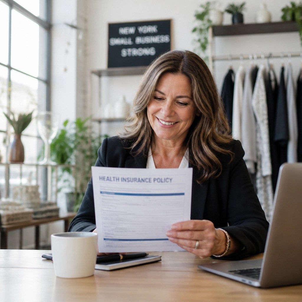 A confident New York small business owner reviewing her health insurance policy documents.