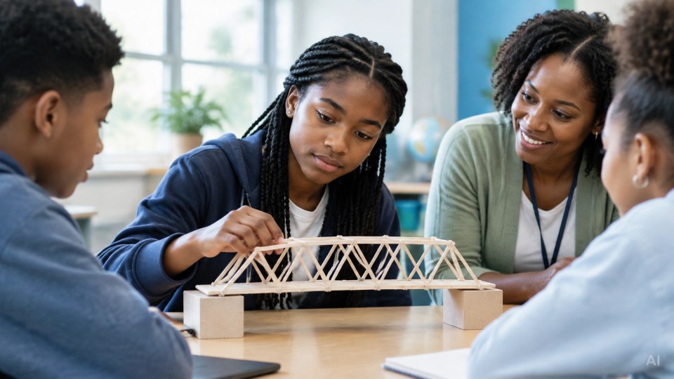 Magnet schools: A Black middle-school student works on a bridge model with classmates and a teacher.