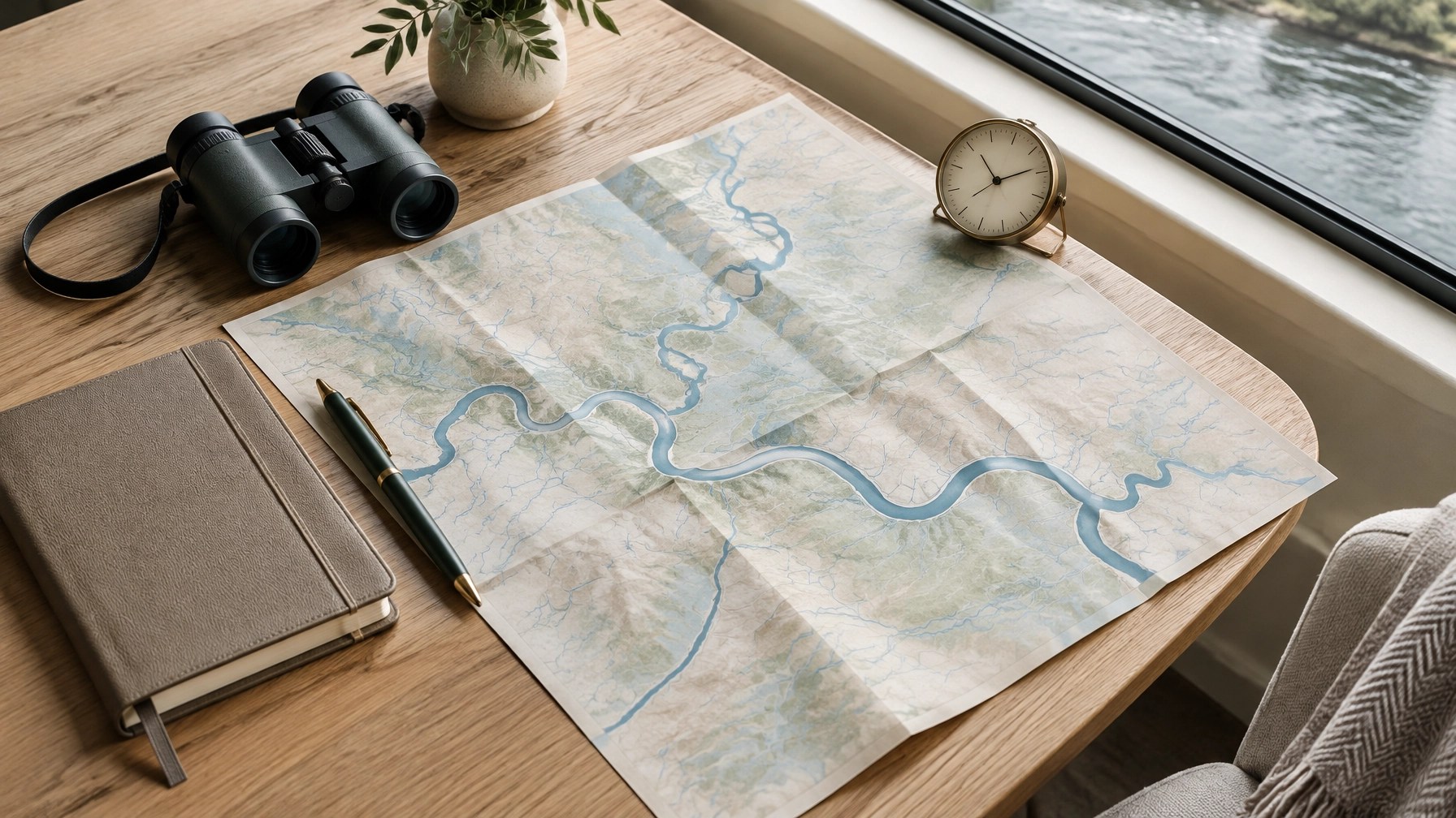 A neatly arranged river-cruise planning map, notebook, pen, and binoculars beside a window