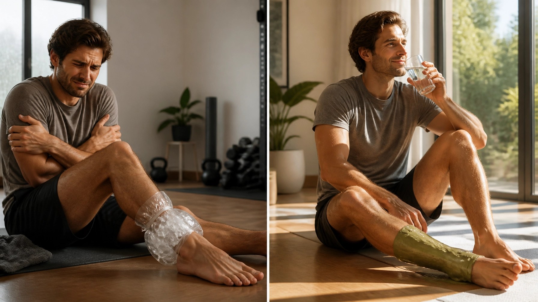 Split screen comparing a person with a messy ice pack vs a person relaxed with clay