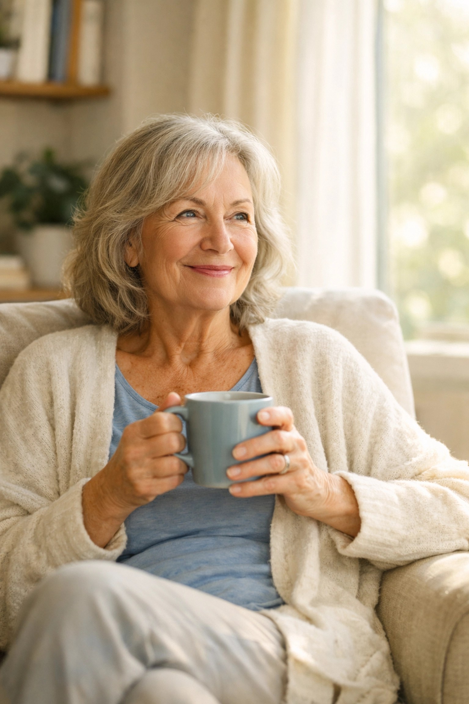 Relaxed retired woman enjoying coffee at home with peace of mind about guaranteed income