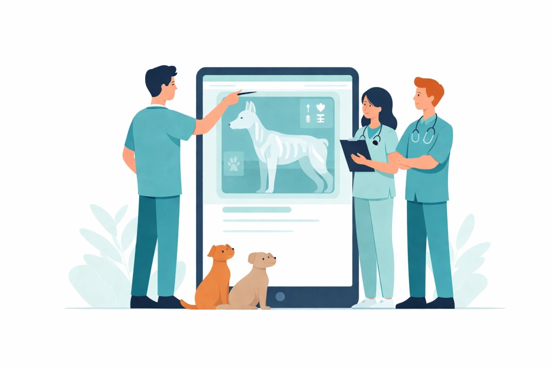Veterinary team members gathered around a tablet, highlighting the importance of staff training on mobile veterinary software