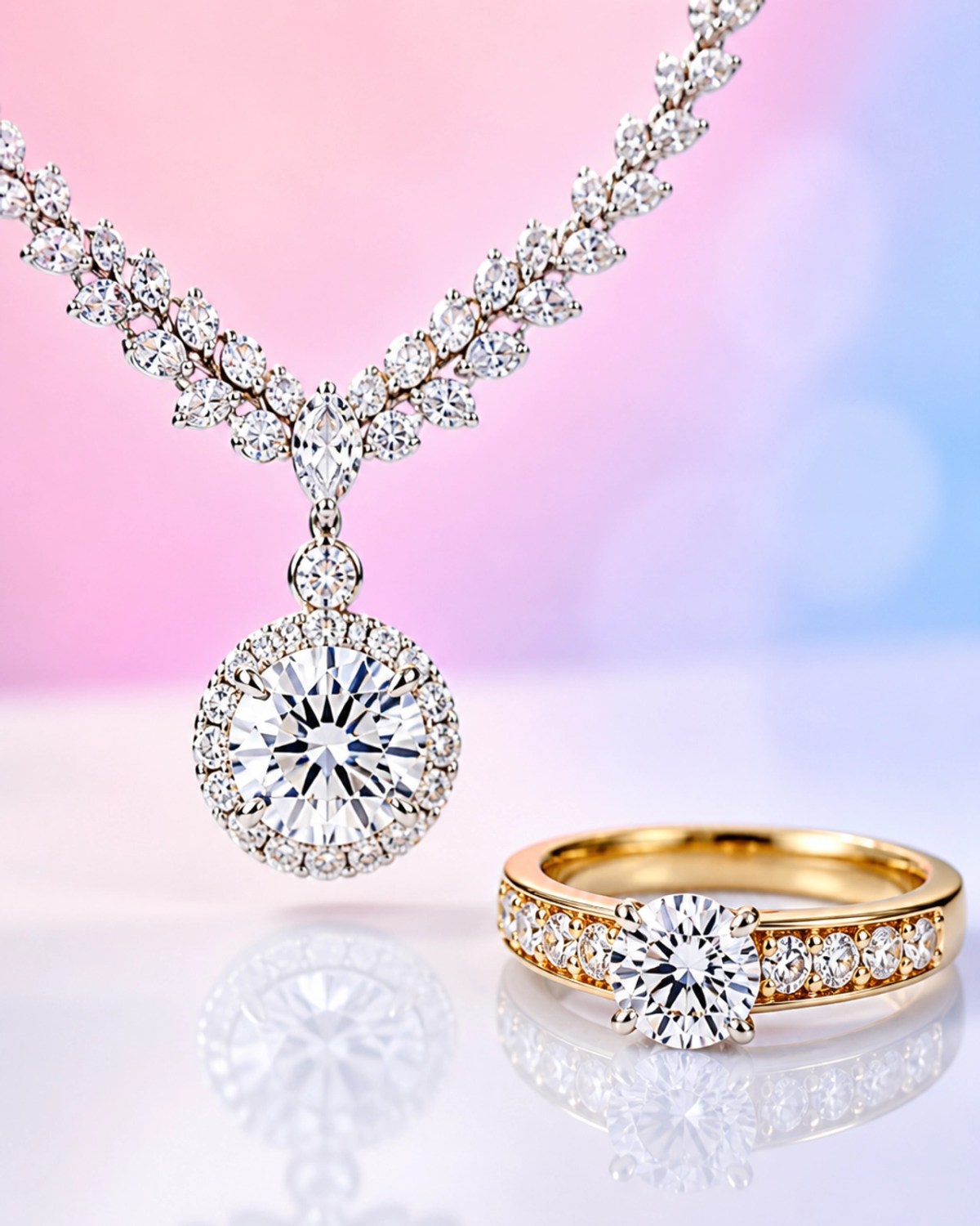 Exquisite sparkling jewelry on a pastel background, highlighting how clean air preserves fine metals and gemstones