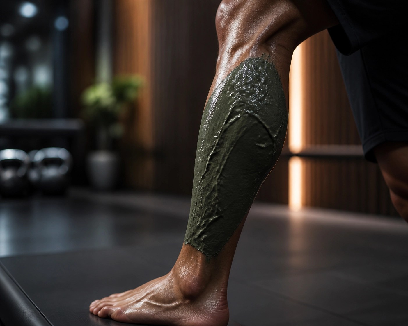 Close-up of green clay on an athlete's calf muscle for sports recovery and inflammation relief.