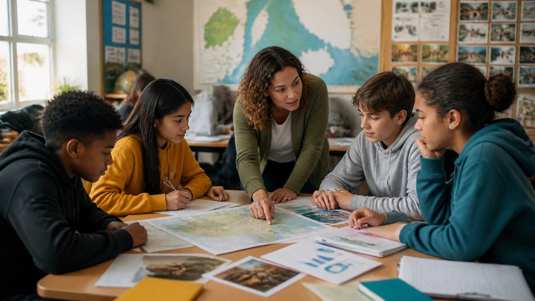 Teacher and students using local data, maps, and community materials to plan a real-world project