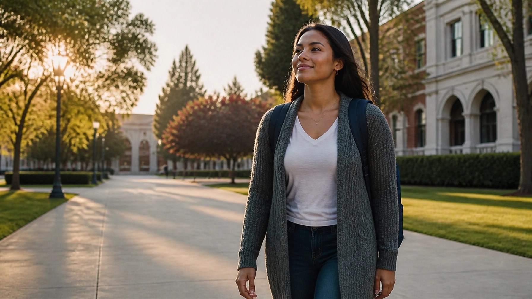 Returning student walking confidently along a campus pathway toward academic buildings