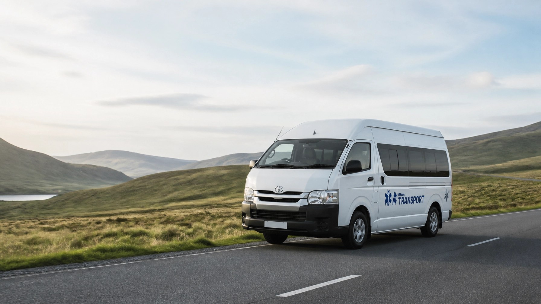 A Swift Ryde vehicle traveling through a serene rural landscape