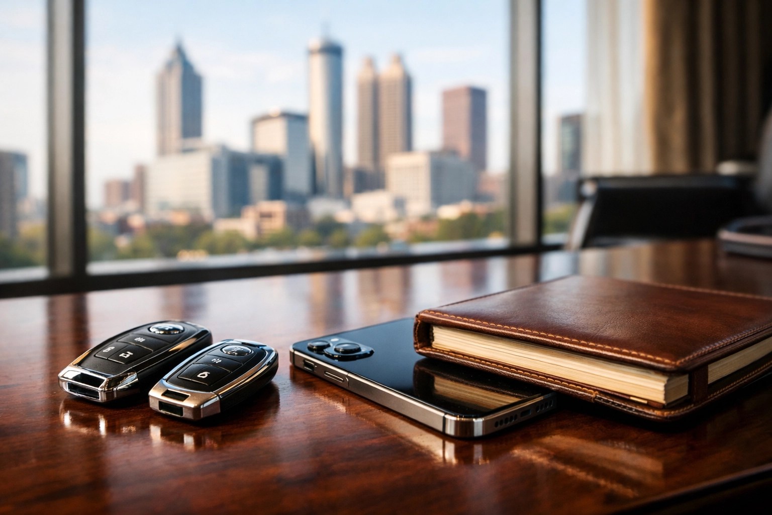 Luxury car keys and a financial ledger in an Atlanta office, representing protected personal assets.