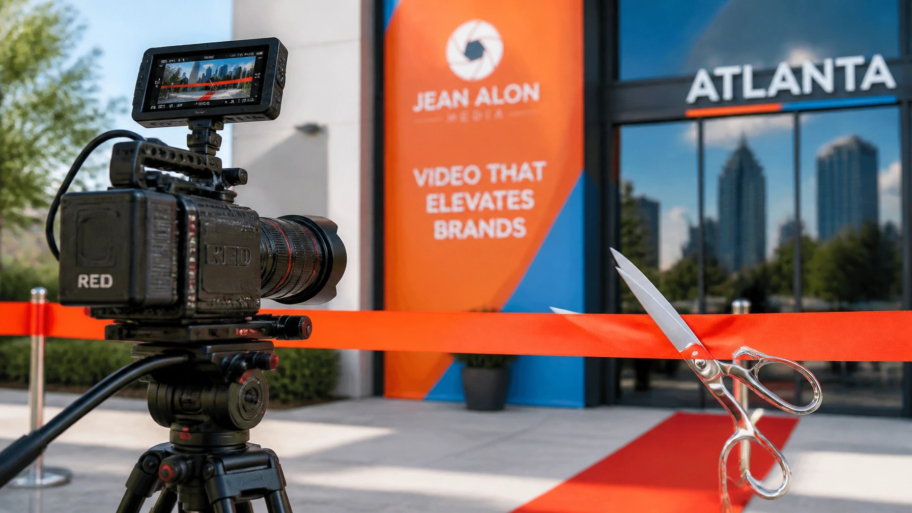 Professional camera focused on a ceremonial red ribbon with brand colors red-orange and sky blue