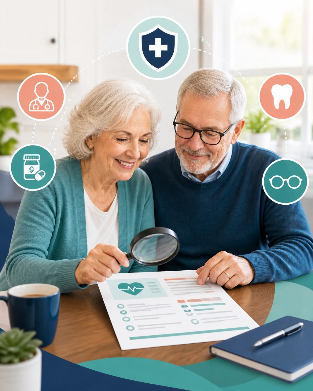 Senior couple comparing Medicare Advantage networks, prescriptions, and extra benefits