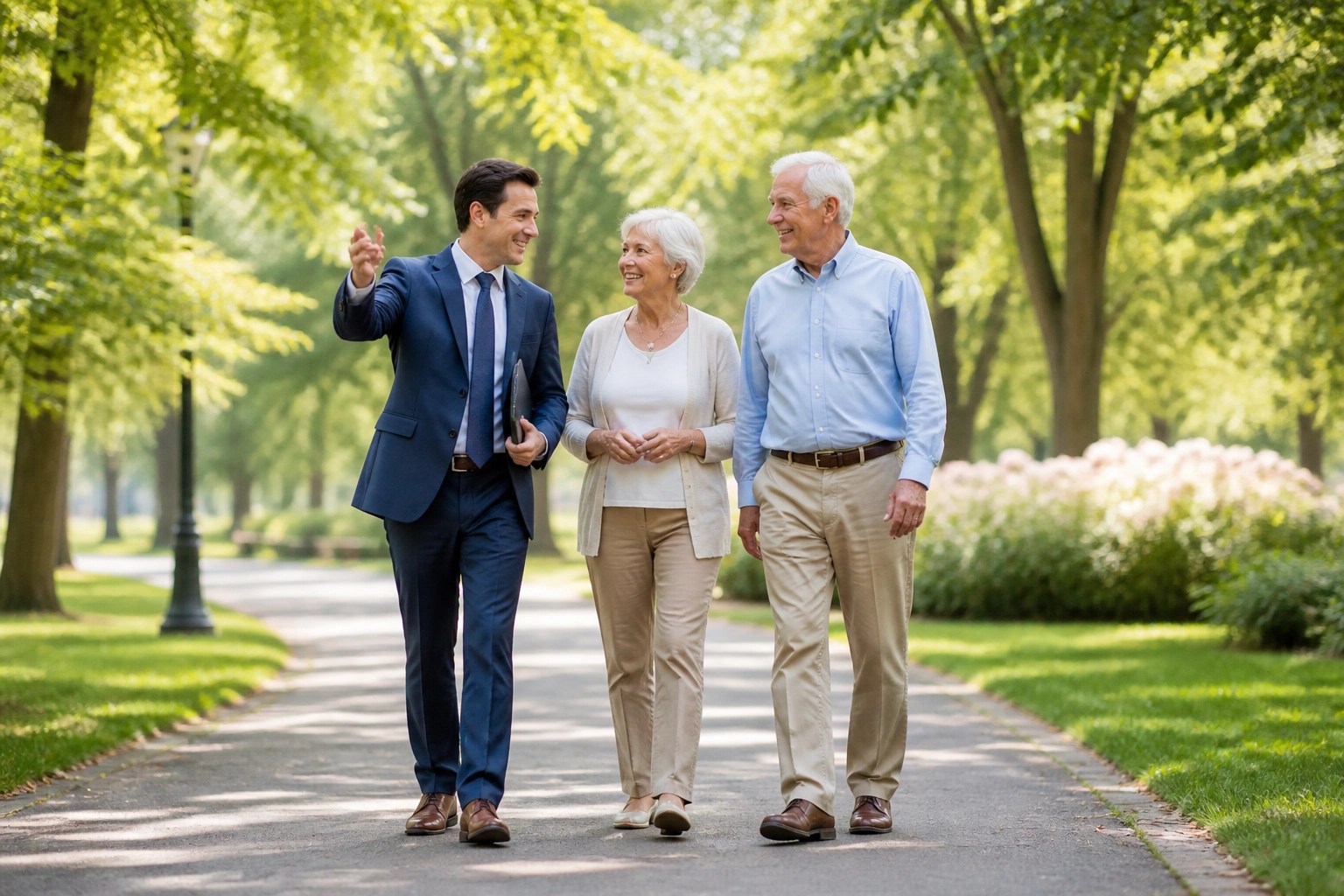 A friendly Medicare advisor walking with a senior couple in a park to discuss healthcare plans.