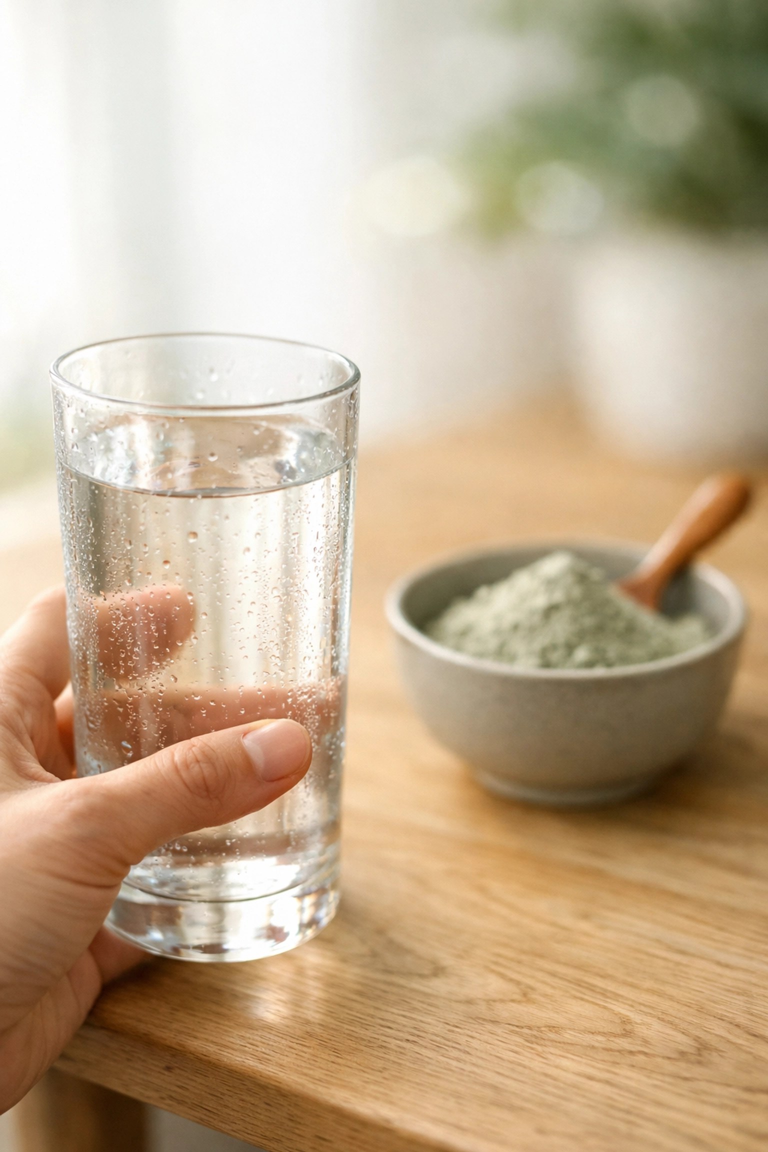 Person holding water next to a bowl of food grade green clay to highlight hydration during a clay detox.