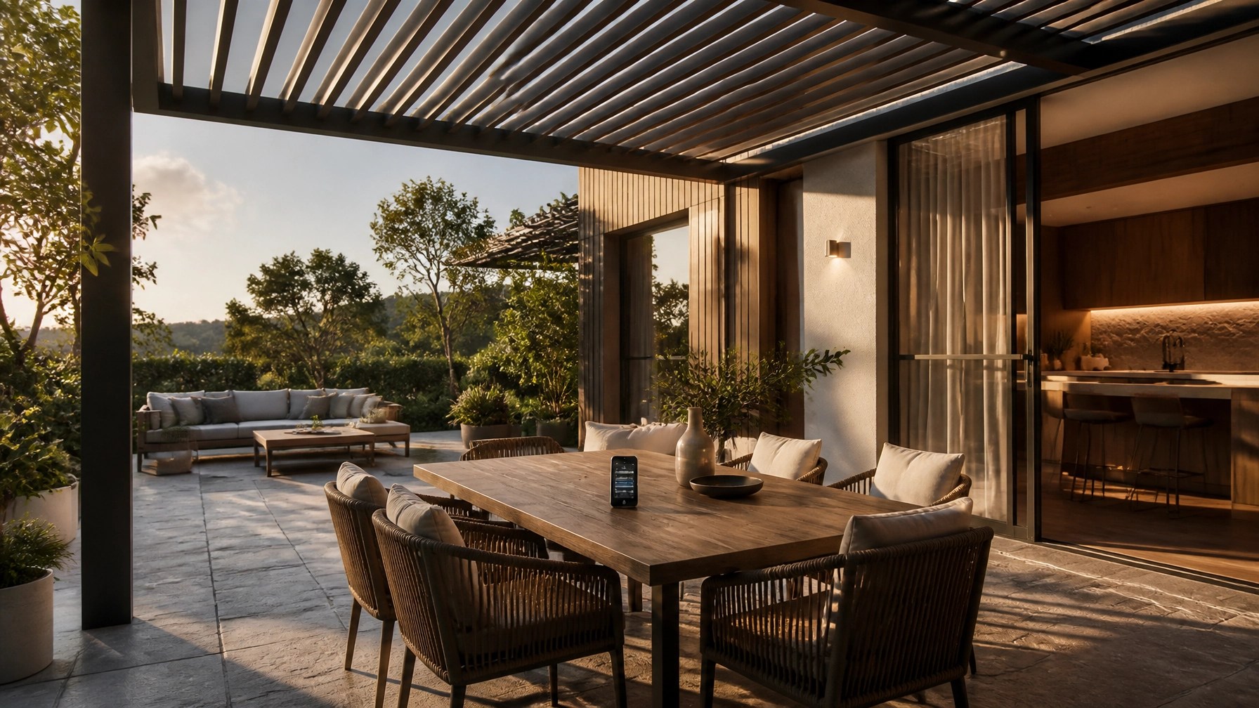 Modern outdoor dining area featuring a premium aluminium louvre pergola system