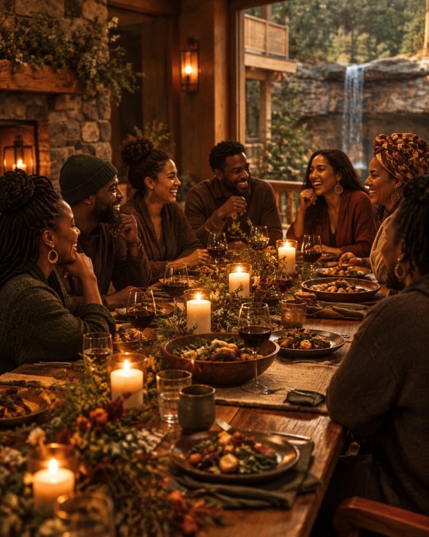 Adults of color sharing a warm, relaxed welcome dinner around a long table