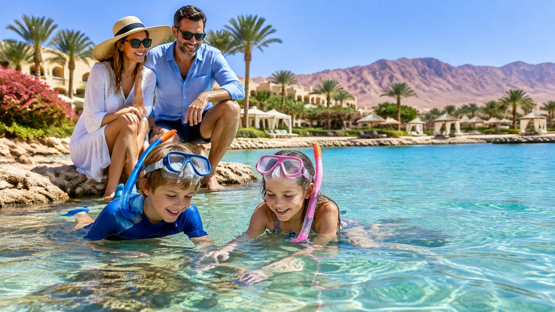 Family exploring a sunny Red Sea resort with turquoise water and child-friendly facilities