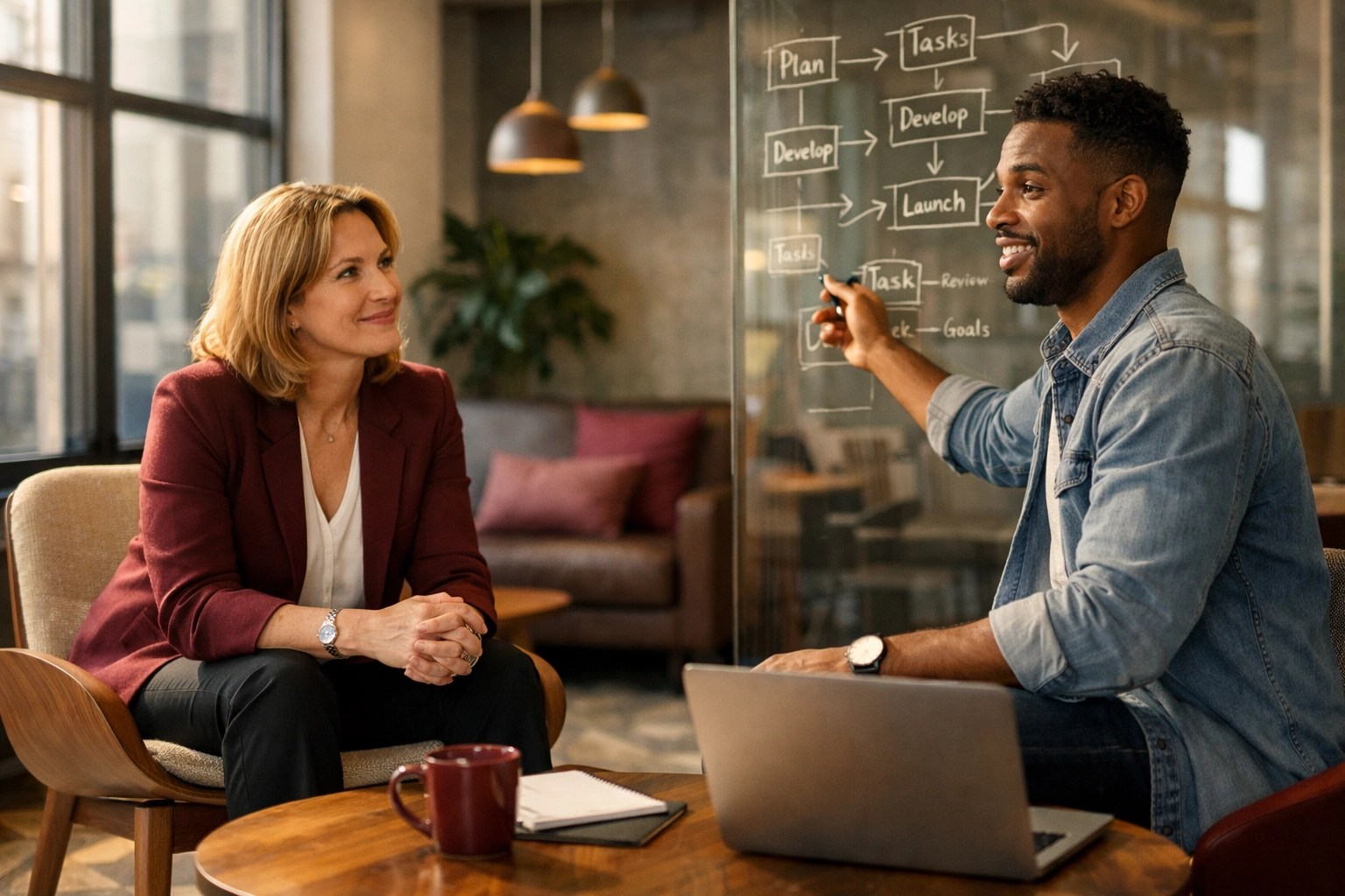 Manager and employee collaborating to resolve team conflict and improve organizational development in a modern office.